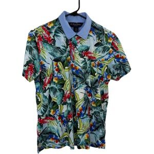 Brooks Brothers Polo Shirt Mens Medium Blue Floral Short Sleeve Button Pima FLAW